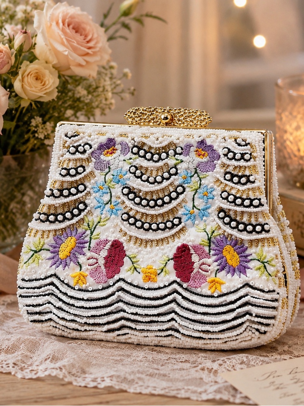 Beaded Pearl Floral Clutch Wedding Bridal Bag Gold Frame New NWT